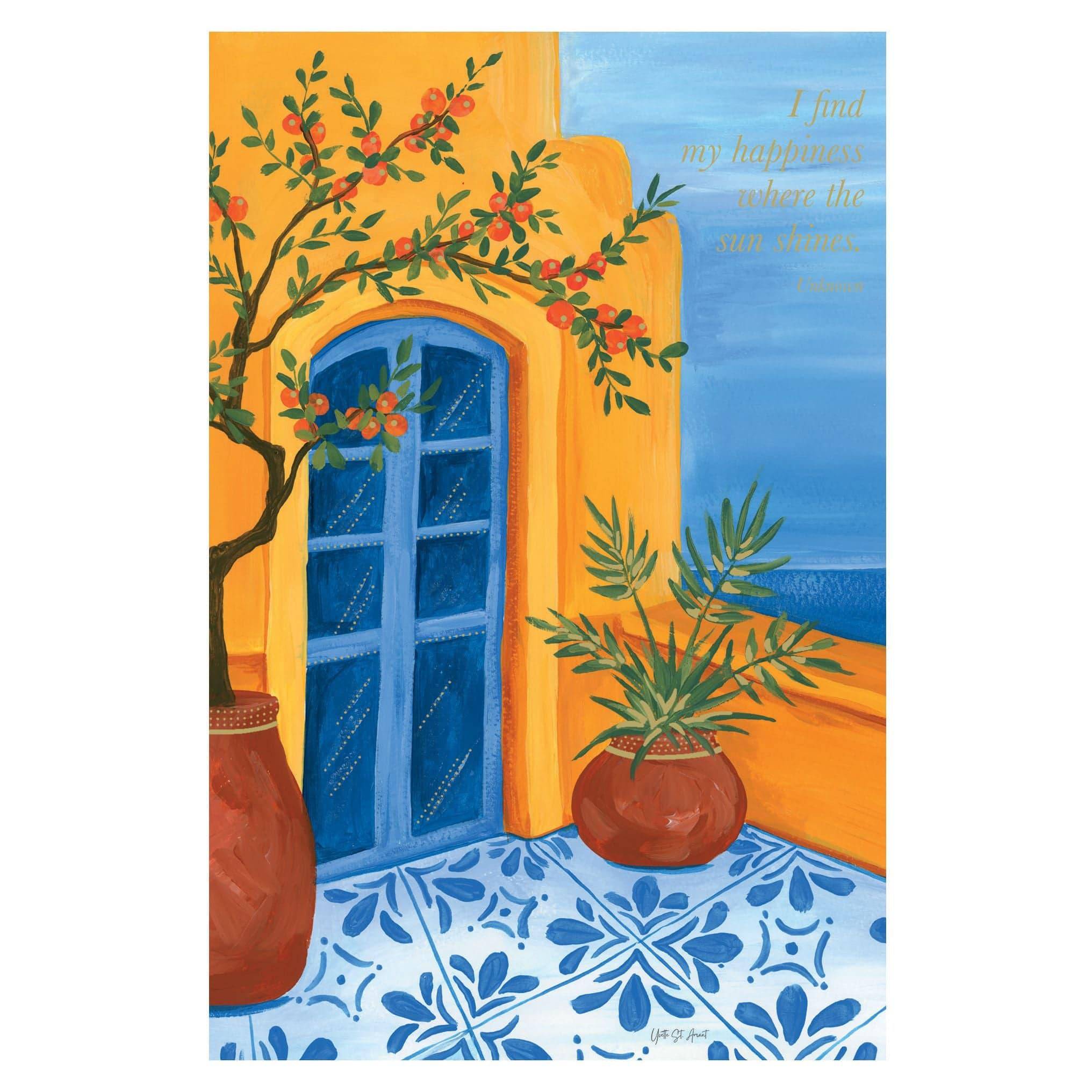 Pictura Santorini Escape birthday card featuring scenic island view with white buildings and blue domes, perfect for celebrating birthdays.